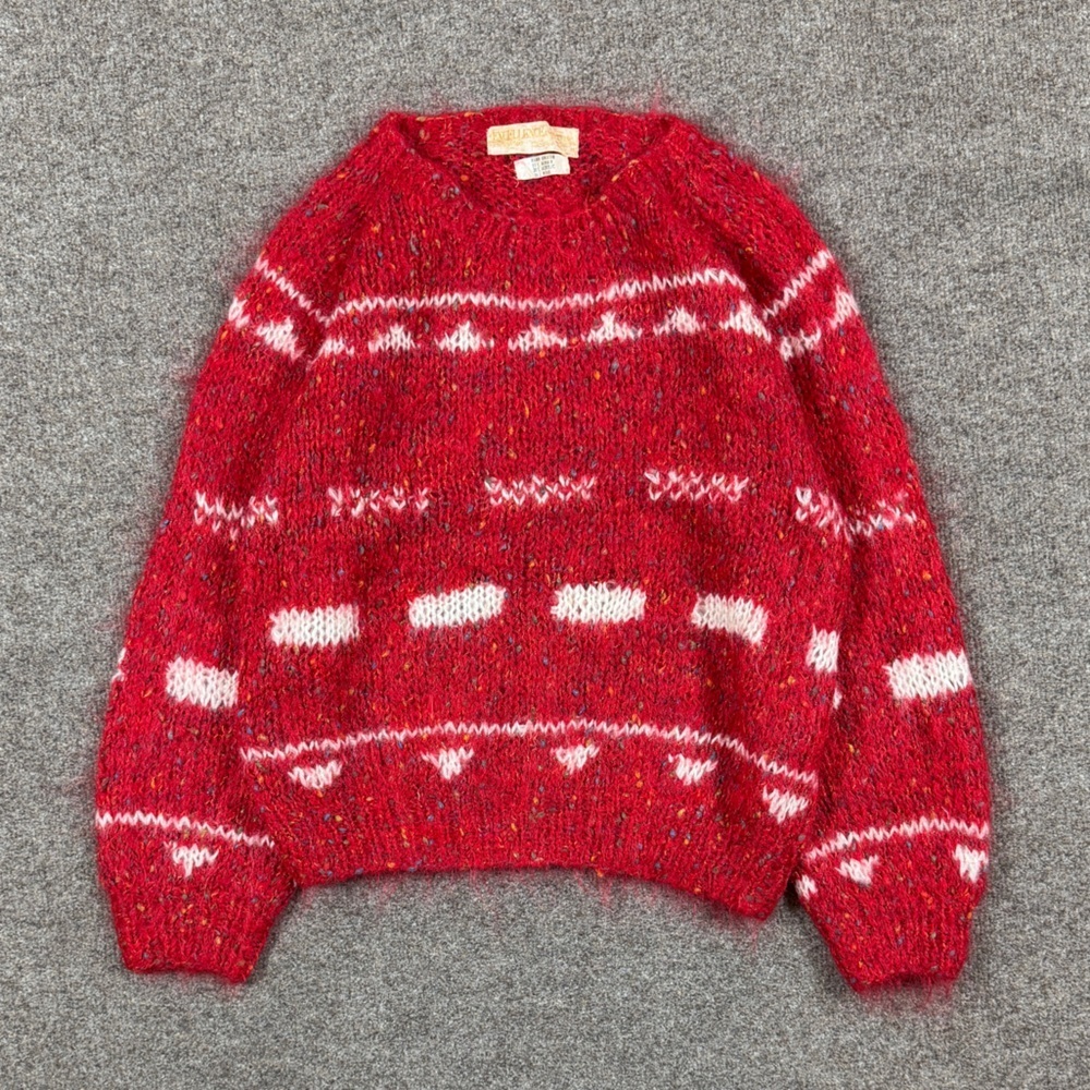 Vintage Hand Knit Mohair Wool Blend Red Pullover Knit Sweater Womens Size Medium